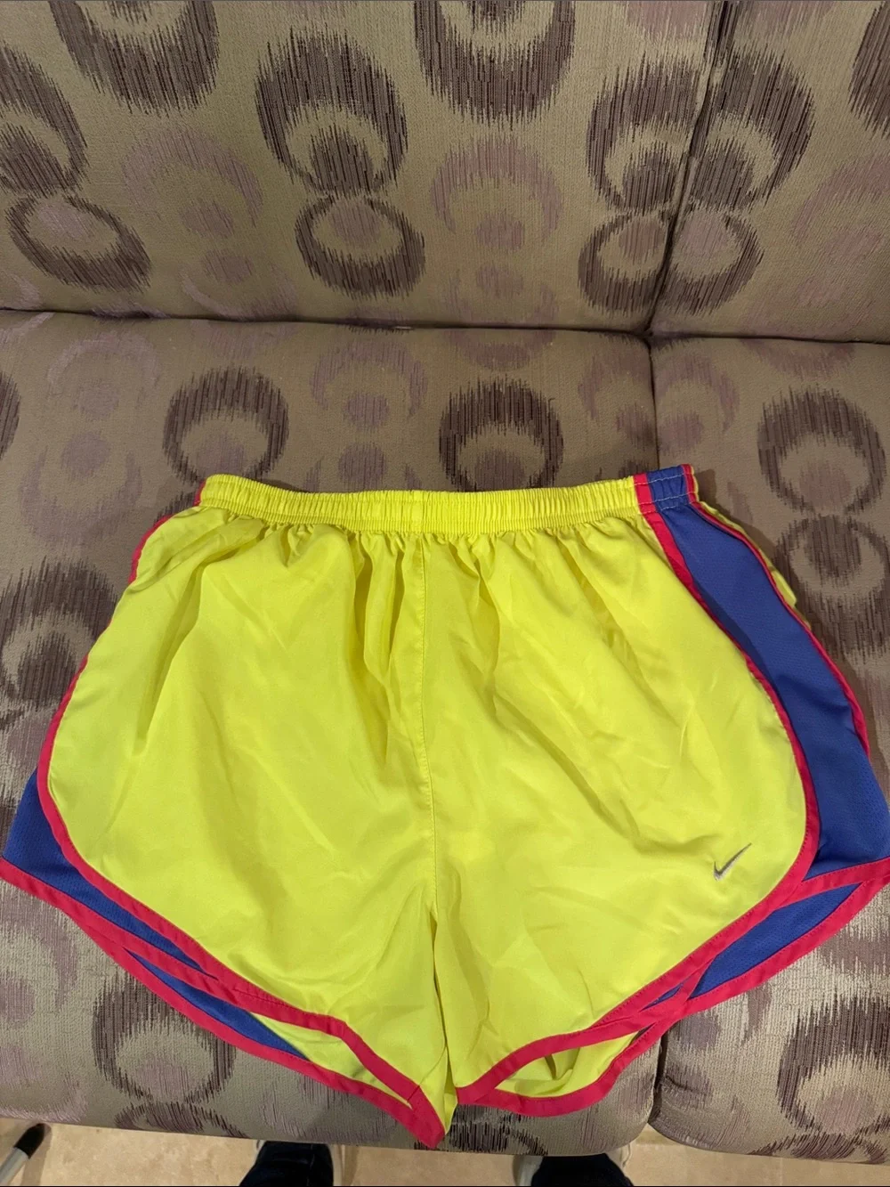 Nike Women’s Bright Yellow Athletic Shorts with Blue Panels and Pink Trim - Picture 1 of 5